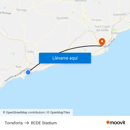 Torreforta to RCDE Stadium map