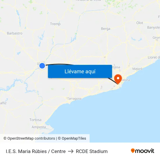 I.E.S. Maria Rúbies / Centre to RCDE Stadium map
