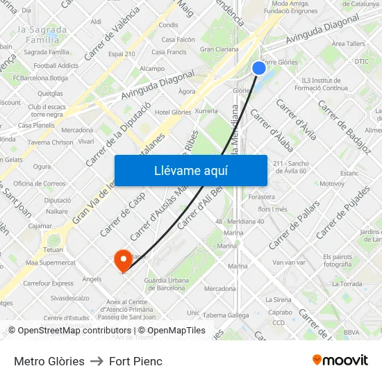 Metro Glòries to Fort Pienc map