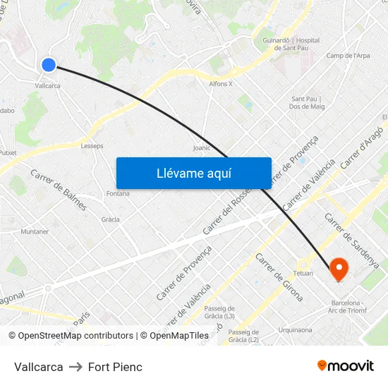 Vallcarca to Fort Pienc map