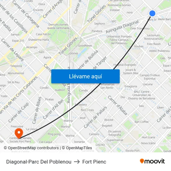 Diagonal-Parc Del Poblenou to Fort Pienc map