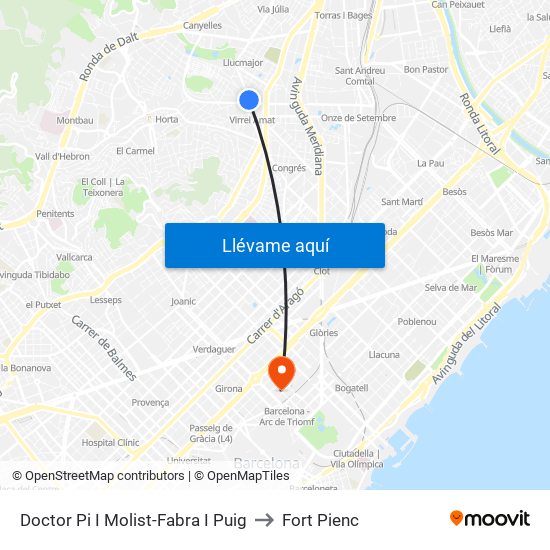 Doctor Pi I Molist-Fabra I Puig to Fort Pienc map