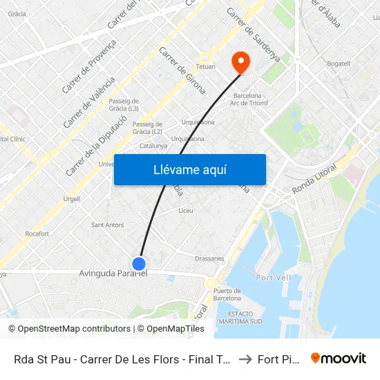 Rda St Pau - Carrer De Les Flors - Final Trajecte to Fort Pienc map