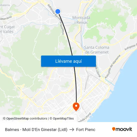 Balmes - Molí D'En Ginestar to Fort Pienc map