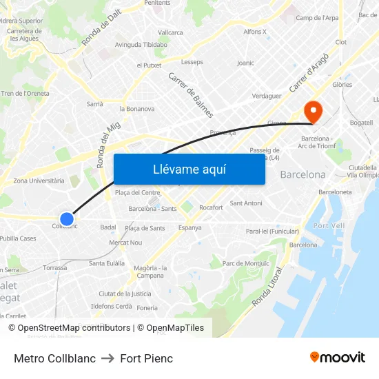 Metro Collblanc to Fort Pienc map