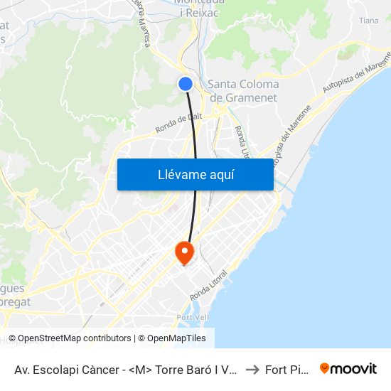 Av. Escolapi Càncer - <M> Torre Baró I Vallbona to Fort Pienc map