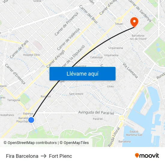 Fira Barcelona to Fort Pienc map