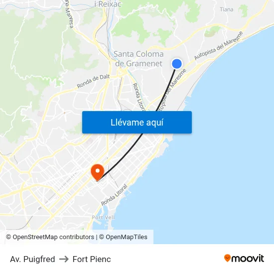 Av. Puigfred to Fort Pienc map