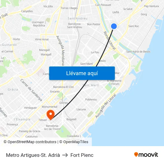 Metro Artigues-St. Adrià to Fort Pienc map