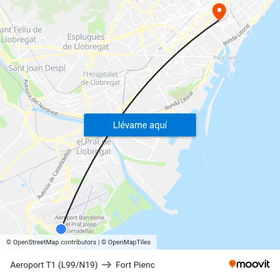 Aeroport T1 to Fort Pienc map