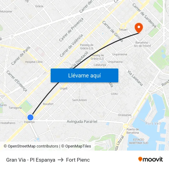 Gran Via - Pl Espanya to Fort Pienc map