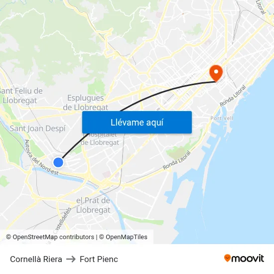 Cornellà Riera to Fort Pienc map