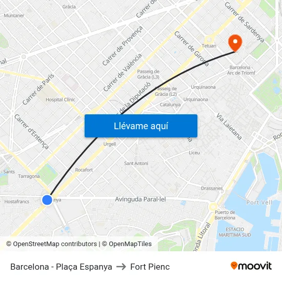 Barcelona - Plaça Espanya to Fort Pienc map