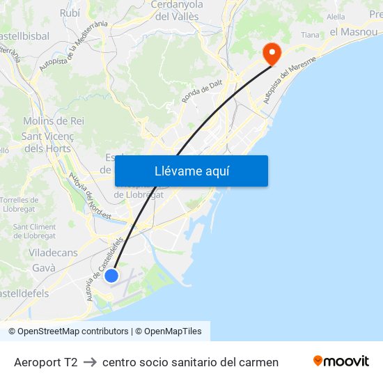 Aeroport T2 to centro socio sanitario del carmen map