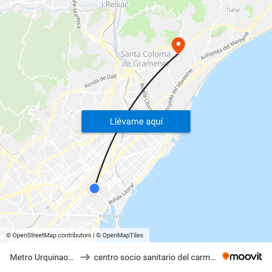 Metro Urquinaona to centro socio sanitario del carmen map