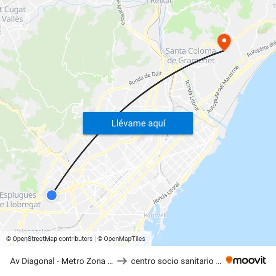 Av Diagonal - Metro Zona Universitaria to centro socio sanitario del carmen map