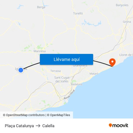 Plaça Catalunya to Calella map