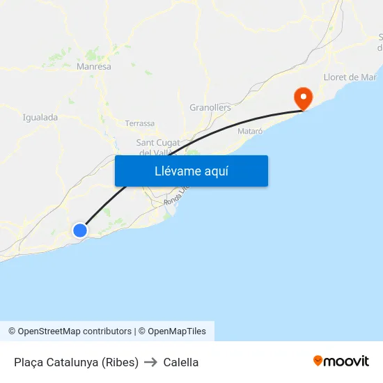 Plaça Catalunya (Ribes) to Calella map