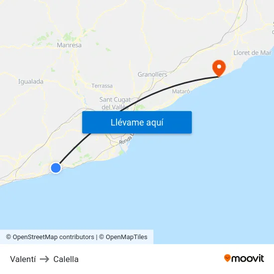 Valentí to Calella map