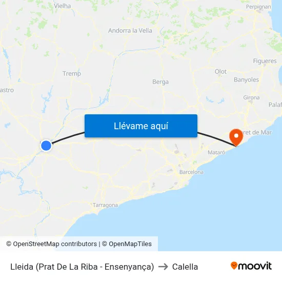 Lleida (Prat De La Riba - Ensenyança) to Calella map