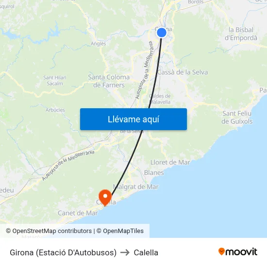 Girona (Estació D'Autobusos) to Calella map