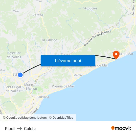 Ripoll to Calella map