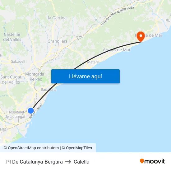 Pl De Catalunya-Bergara to Calella map