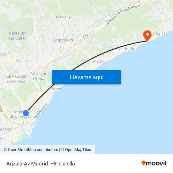 Arizala-Av Madrid to Calella map