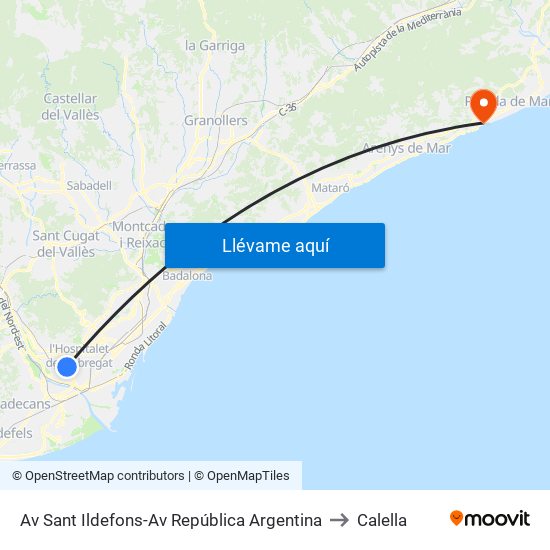 Av Sant Ildefons-Av República Argentina to Calella map