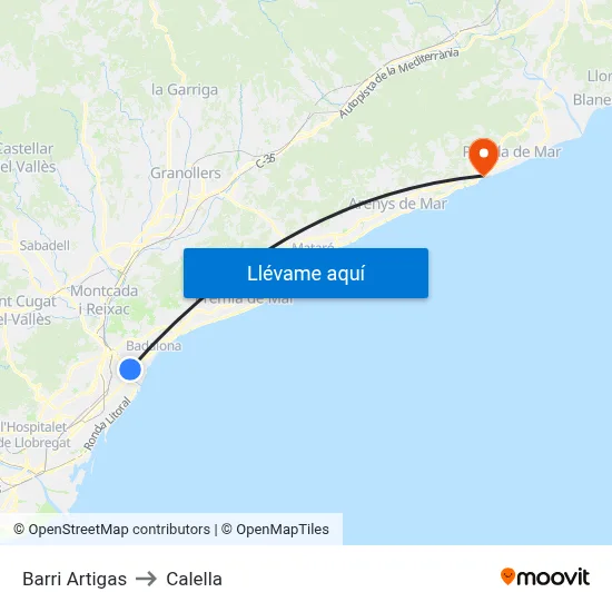 Barri Artigas to Calella map