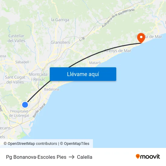 Pg Bonanova-Escoles Pies to Calella map