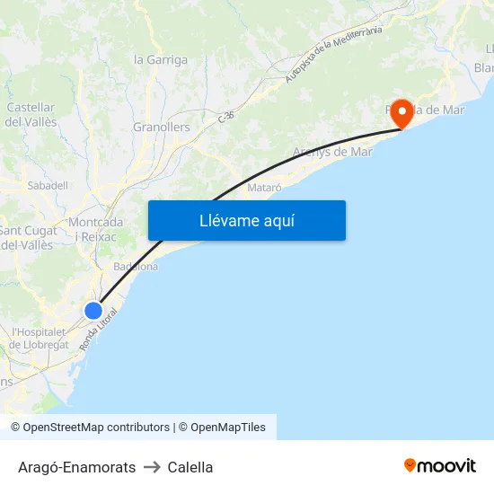 Aragó-Enamorats to Calella map