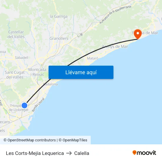 Les Corts-Mejía Lequerica to Calella map