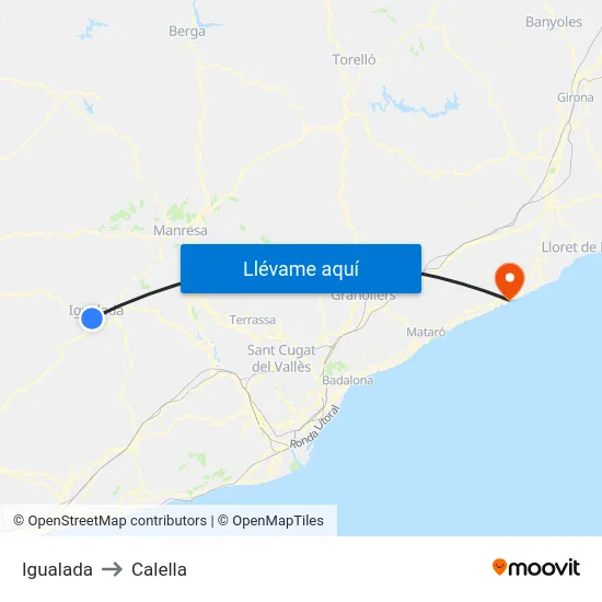 Igualada to Calella map