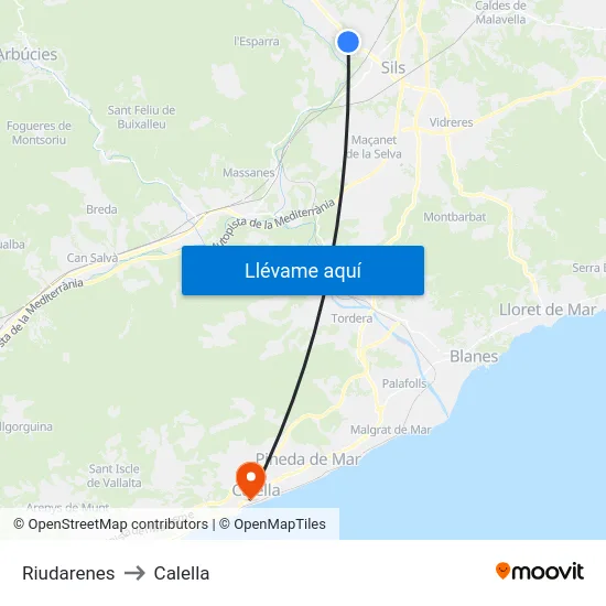 Riudarenes to Calella map