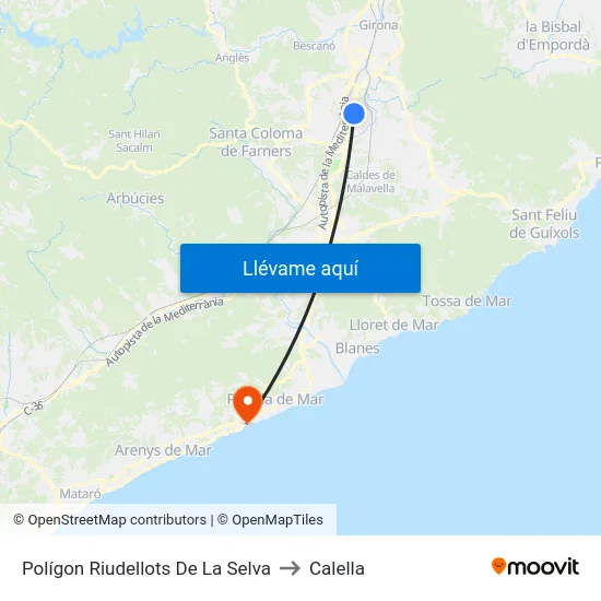 Polígon Riudellots De La Selva to Calella map