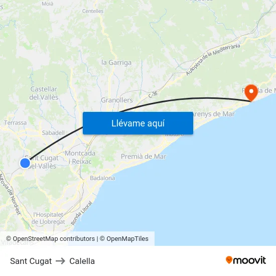 Sant Cugat to Calella map