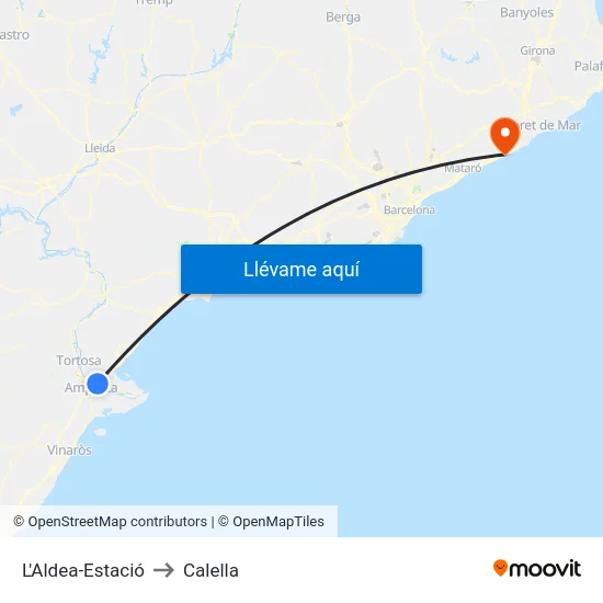 L'Aldea-Estació to Calella map