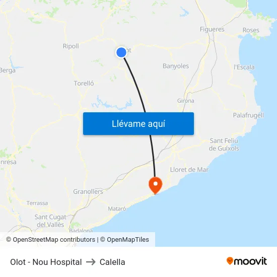 Olot - Nou Hospital to Calella map