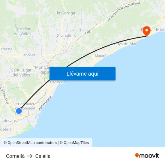 Cornellà to Calella map
