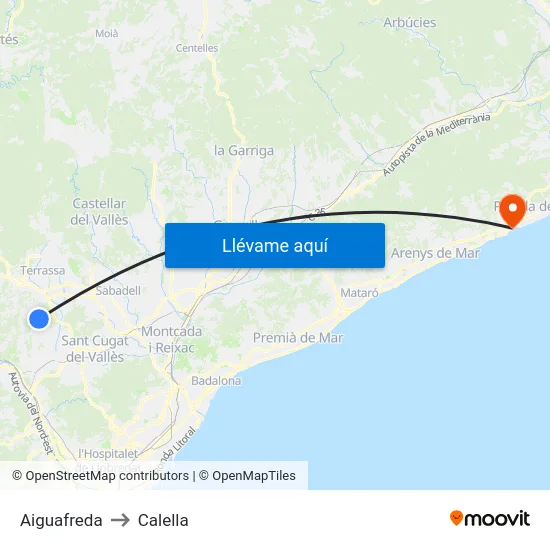 Aiguafreda to Calella map