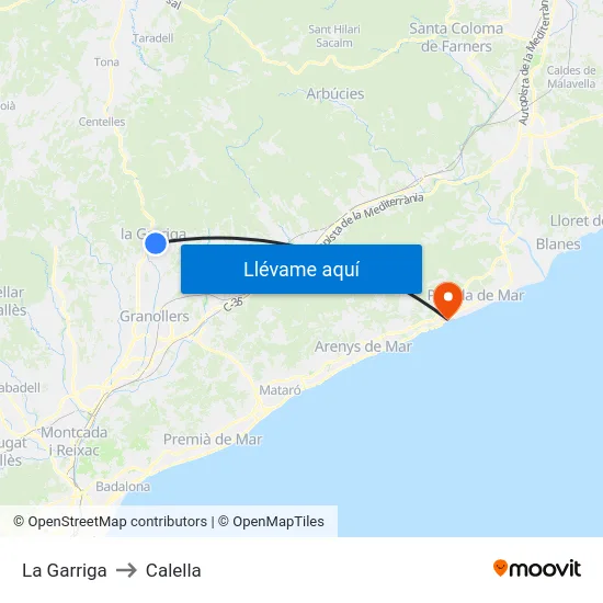 La Garriga to Calella map