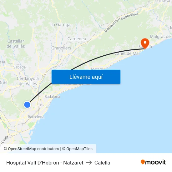 Hospital Vall D'Hebron - Natzaret to Calella map