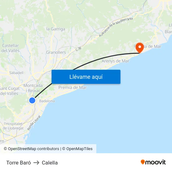 Torre Baró to Calella map