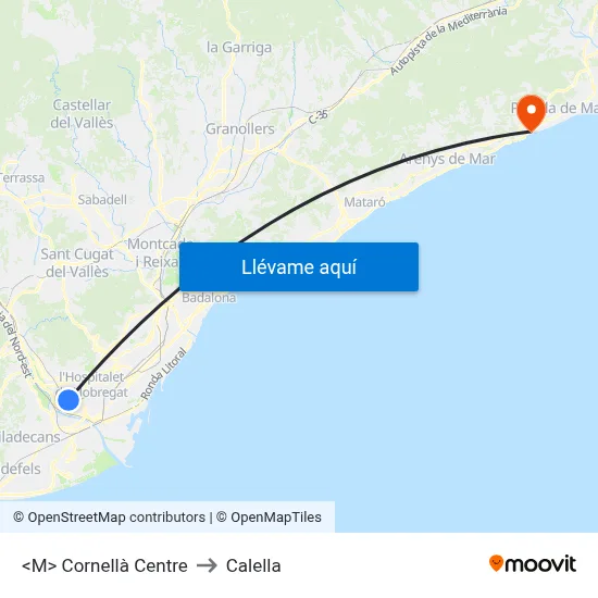 <M> Cornellà Centre to Calella map