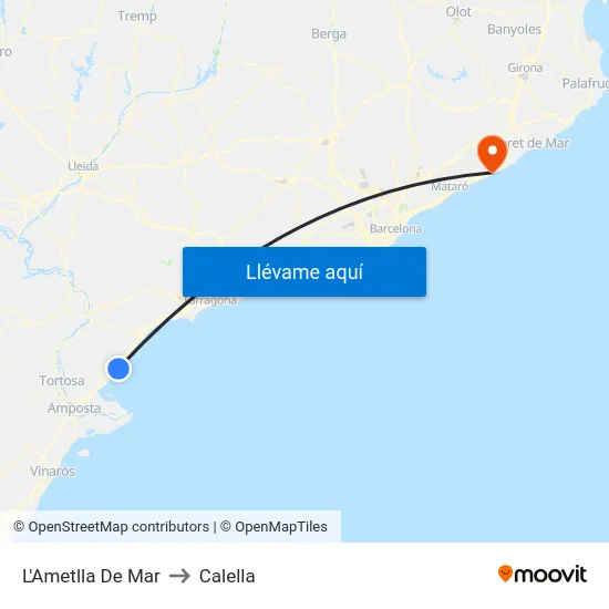 L'Ametlla De Mar to Calella map