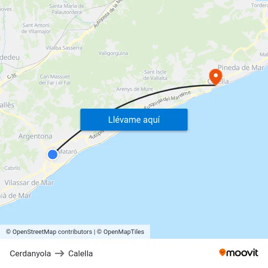 Cerdanyola to Calella map