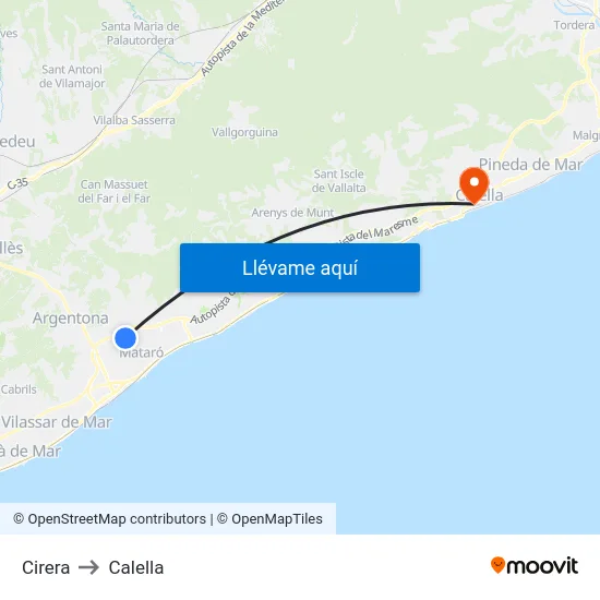 Cirera to Calella map