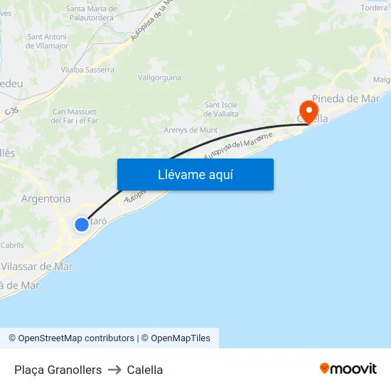 Plaça Granollers to Calella map