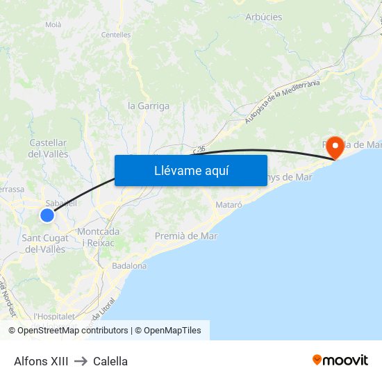 Alfons XIII to Calella map